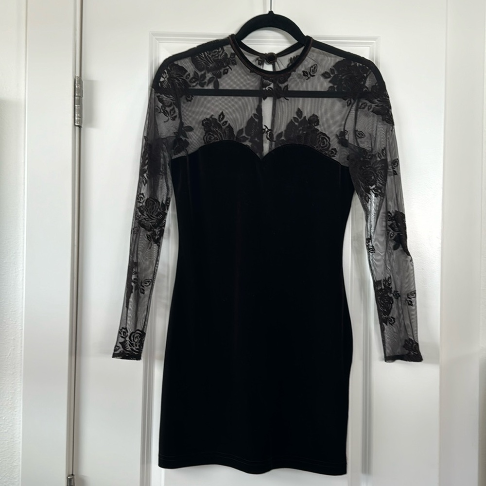 Dark Brown Lace and Velvet Mini Dress